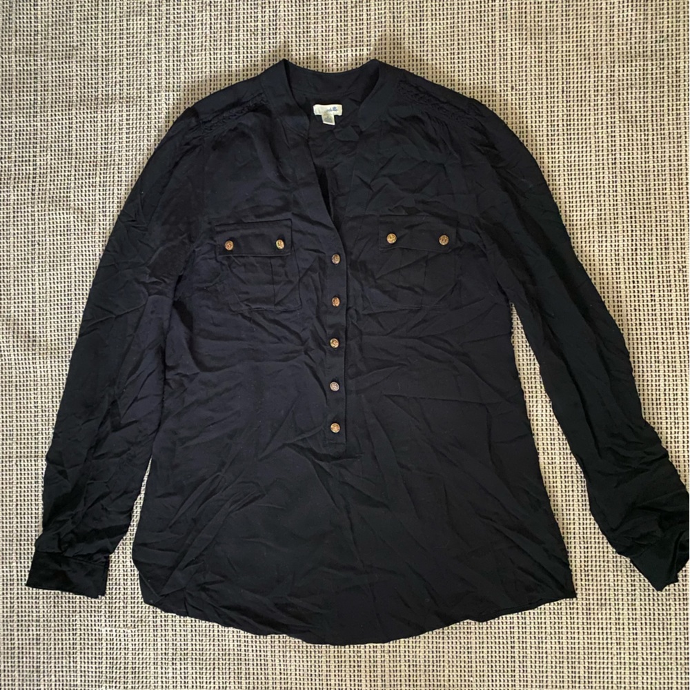 Odille Woman’s Black Blouse With Retro Details.  Size 8